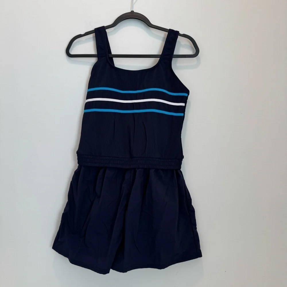 LL BEAN womens 1 pc SWIM SWIMMING SUIT SHORTS dark blue stripe BRA TOP size 14R